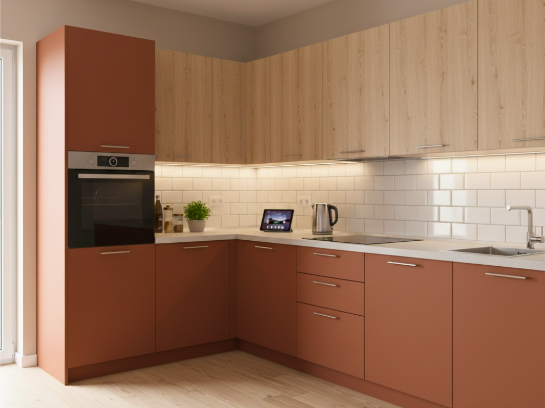 Cucina su misura angolare terracotta e rovere naturale